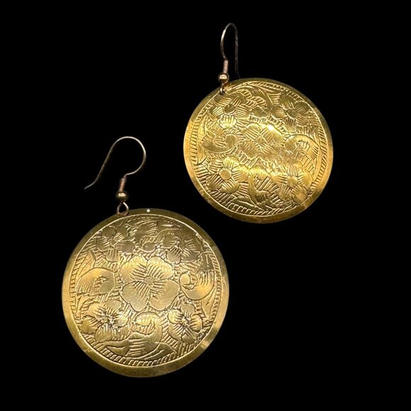 Vintage Gold Tone Brass Metal Pierced Earrings Dangling Disk Engraved *read* - Picture 1 of 6